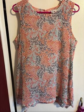 Fever Coral, Navy & Light Blue Leaf-Print Sleeveless Tank